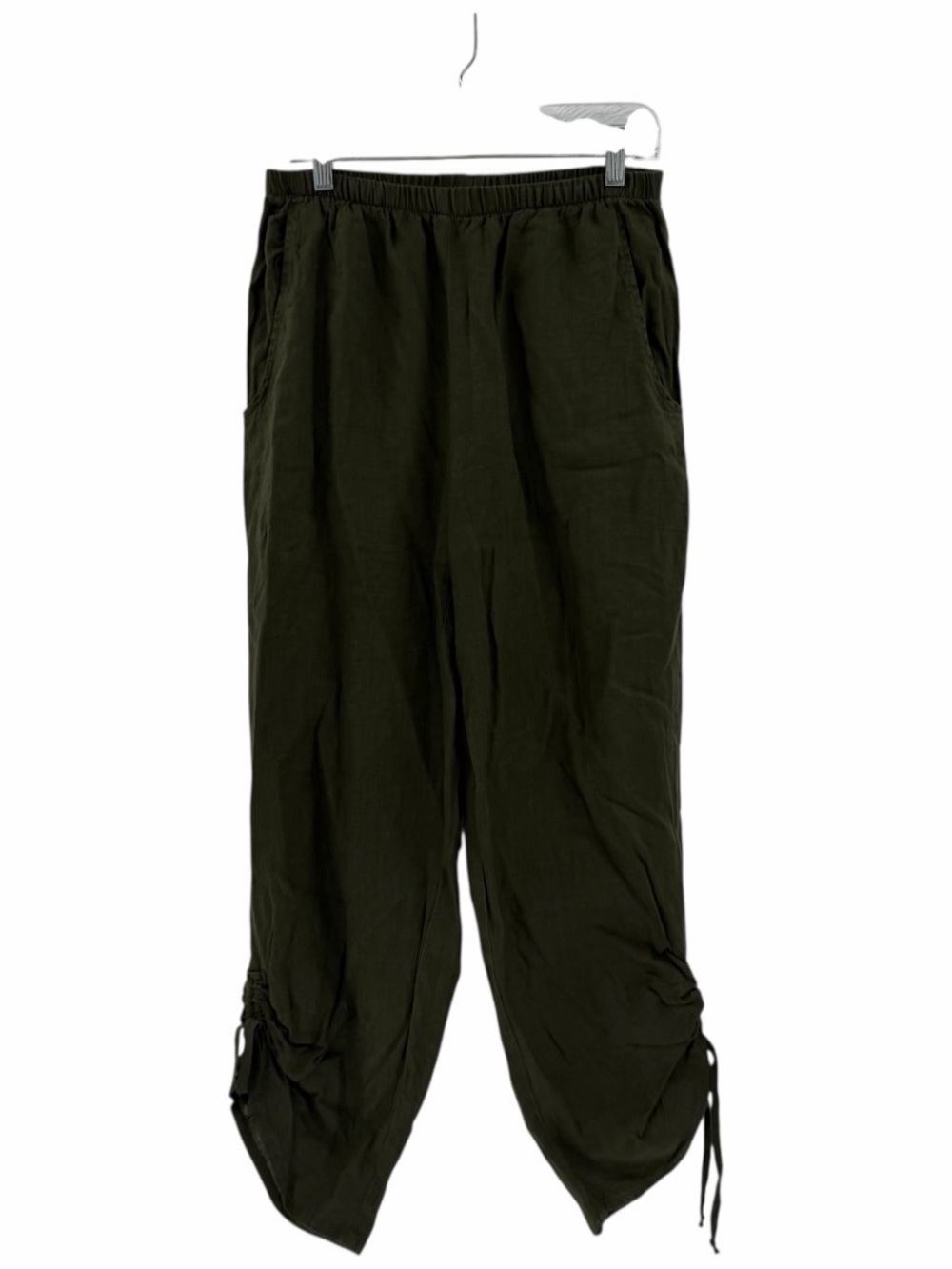 Flax Lagenlook Olive Green Drawstring Hem 100% Linen Pants‎ Size Small